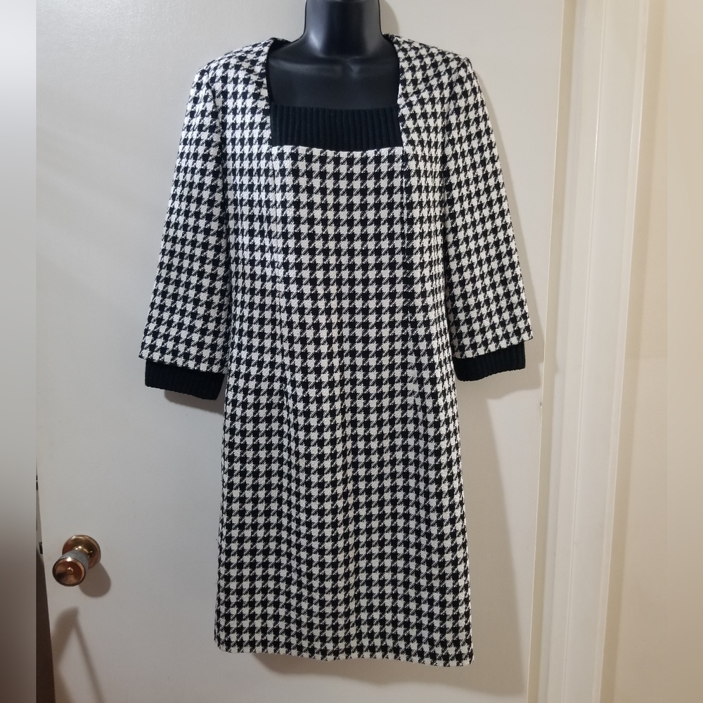 Noche Mio Houndstooth Dress Black White Square Neck Size S